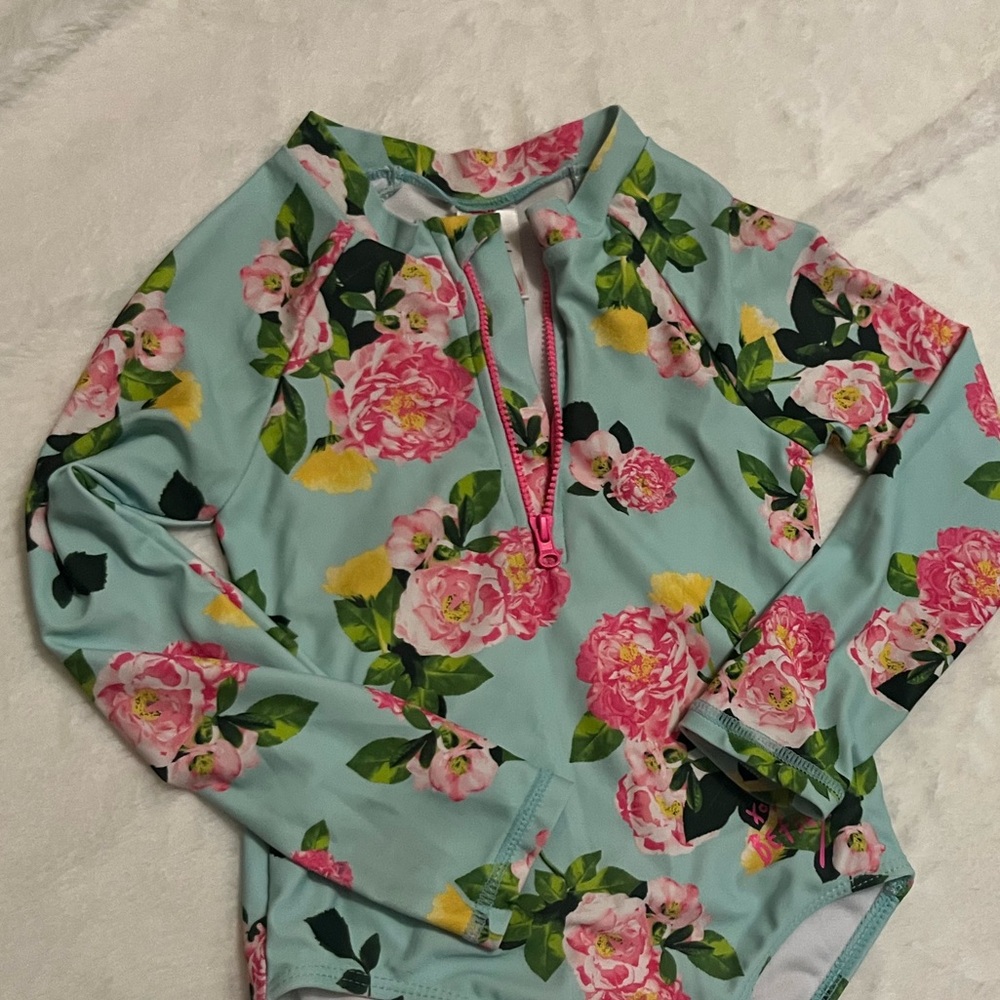 Betsey Johnson Pink and Green Rashguard Swim Top